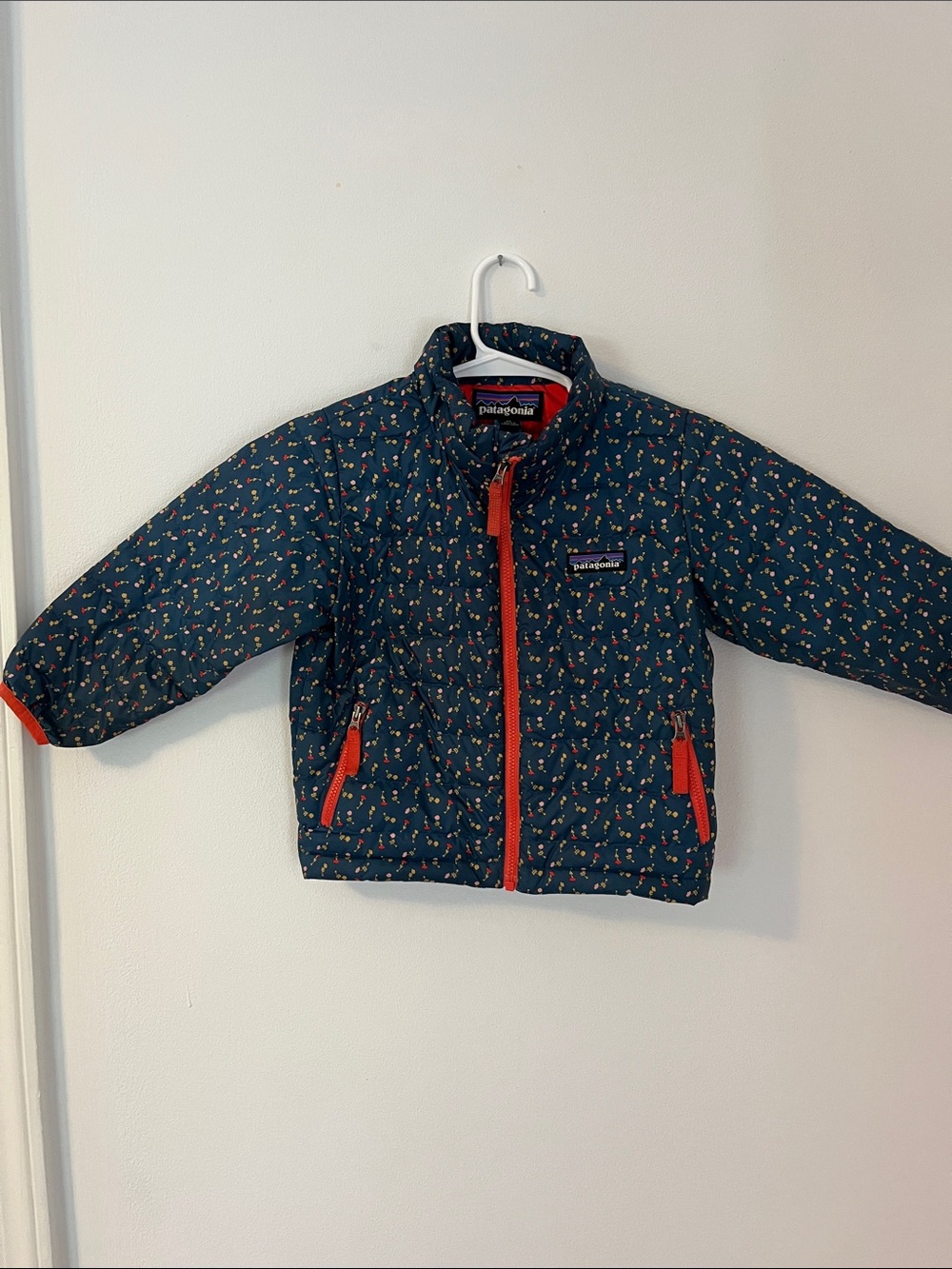 Patagonia Kids Navy Floral Puffer Jacket with Red Zipper